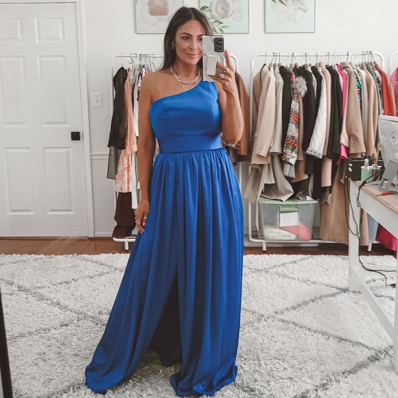 White by Vera Wang Blue One Shoulder satin maxi dress Gown Size 6 - Picture 4 of 10